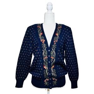 Vintage Wool Floral Embroidered Cardigan Sweater Size Small Button Front
